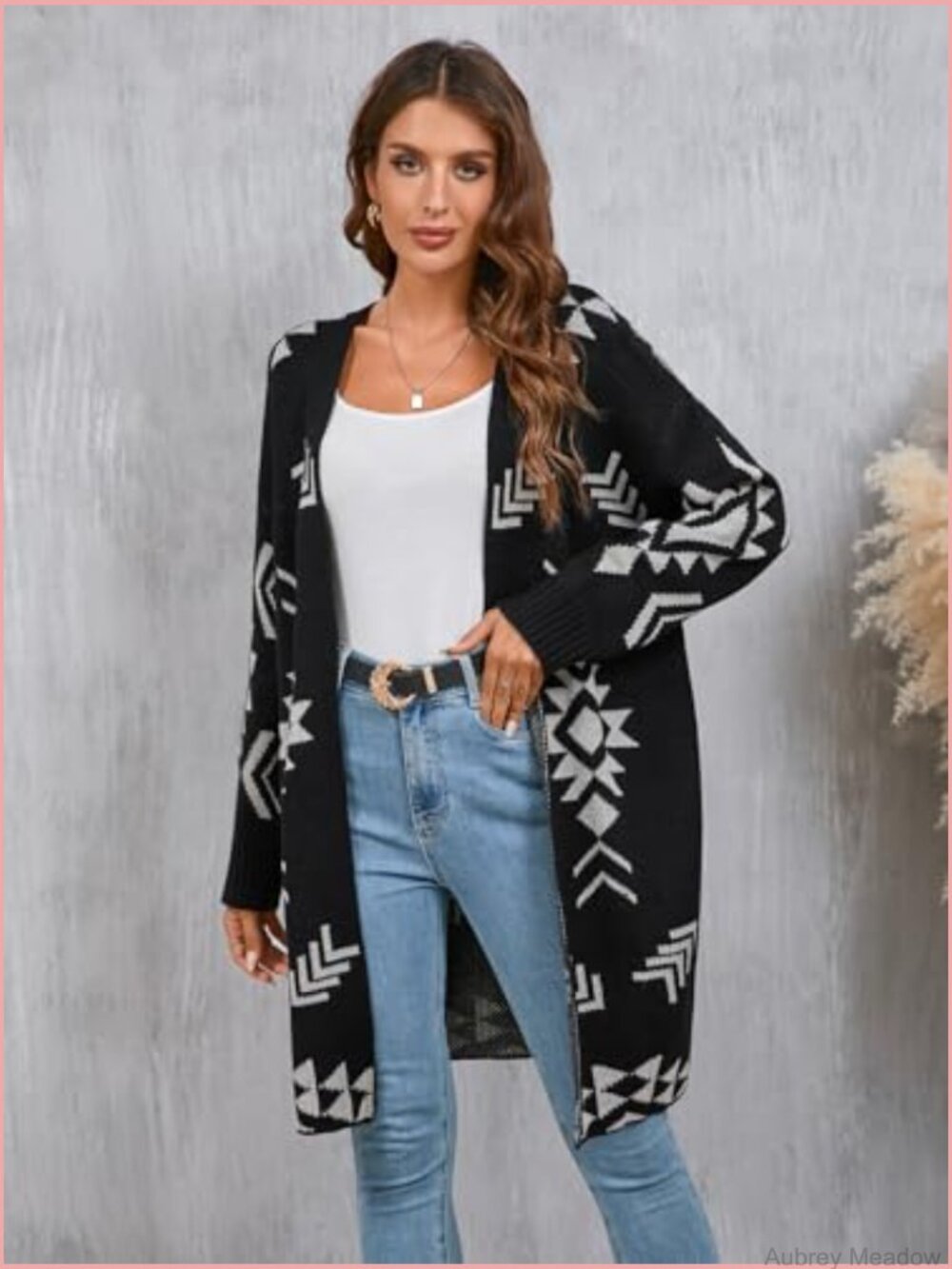 Womens Oversized Long Cardigan Open Front Fall Trendy Geometric Jacquard Knit - Picture 5 of 7